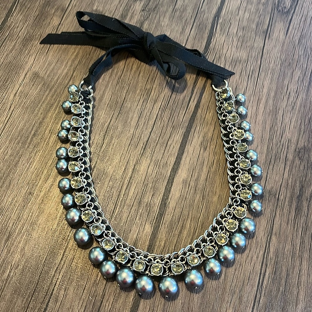 Silver Pearl And Gem Tie Necklace